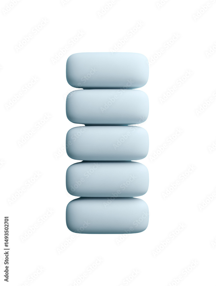 Minimalist Photo of Six Light Blue Ovoid Tablets Stacked Vertically on a White Background with Soft Shadows for Medication and Healthcare Concepts Minimalist Photo of Six Light Blue Ovoid Tablets Stacked Vertically on a White Background with Soft Shadows for Medication and Healthcare Concepts