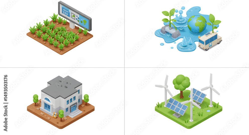 Fototapeta premium Exploring Sustainable Urban Development Isometric Icons for Environmentally Friendly Concepts