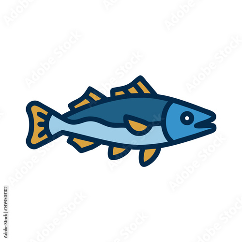 Stylized fish illustration in blue and gold colors
