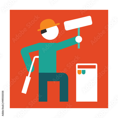 Colorful illustration of a painter with a paint roller and paint can preparing for work