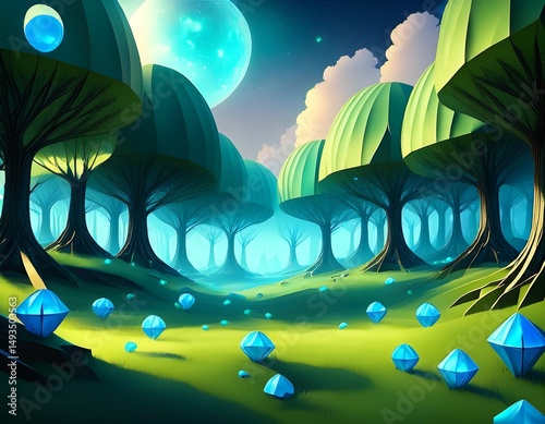 a stylized low poly forest with green canopies glowing blue orbs and a dreamy fantasy atmosphere under a cloudy sky