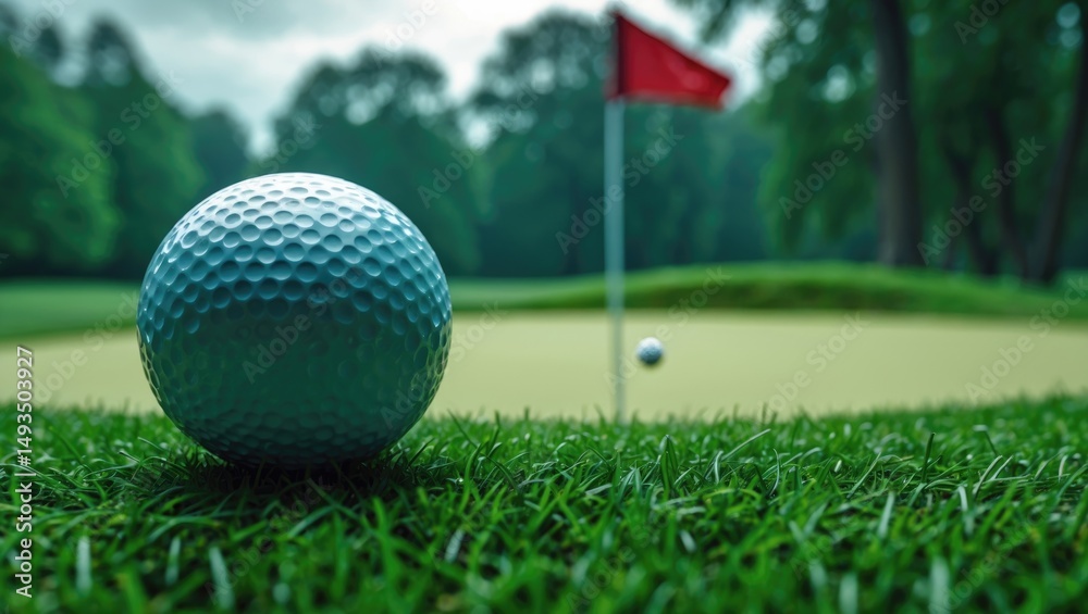 Obraz premium Golf ball on the green during sunset at a Thailand golf course.