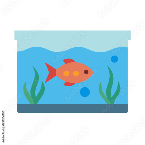 Stylized cartoon fish in a rectangular aquarium setting
