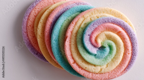 Top-down view of pastel rainbow cookies arranged in a spiral, clean white backdrop and simple styling