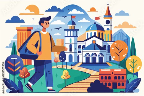 Vector illustration of a traveler exploring a scenic mountain town with iconic landmarks and vibrant nature
