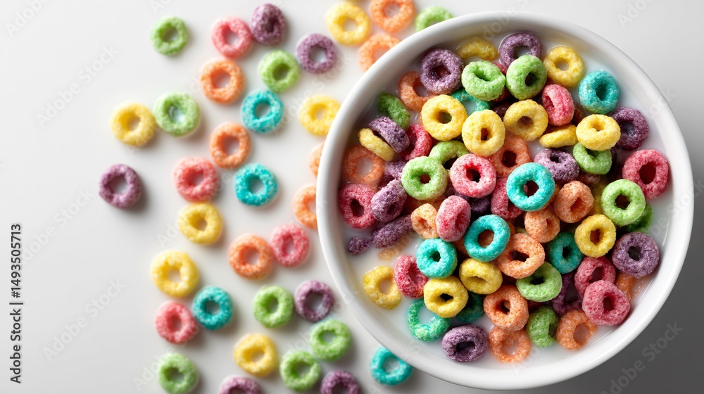 White bowl with rainbow cereal and milk, top-down angle, isolated surface and copy space White bowl with rainbow cereal and milk, top-down angle, isolated surface and copy space