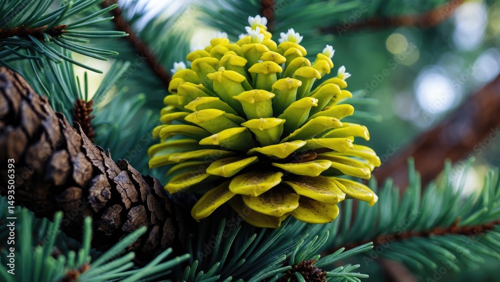 Obraz premium Close-up of striking yellow cones appearing on a branch of a tree.