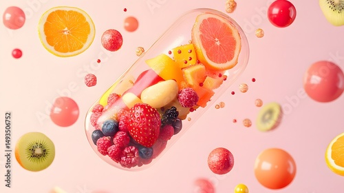 Colorful fruits and berries encapsulated in a transparent pill.