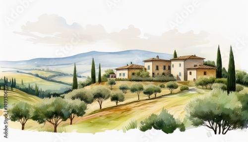 picturesque tuscany villas amidst olive groves in minimalist watercolor landscape