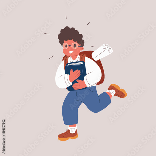 Cartoon vector illustration of a schoolboy running with a book, excited to start a project, education and motivation concept