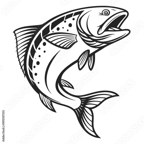 This high-quality black and white vector illustration of a jumping fish is perfect for logos, fishing-themed designs, apparel, or outdoor adventure branding. Ideal for use in digital and print media. 
