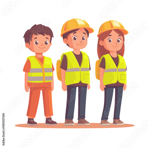 Animated kids wearing safety vests