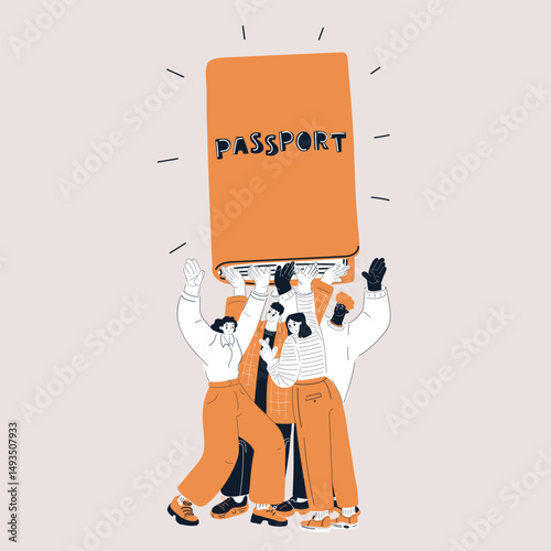 Cartoon vector illustration of a group of people holding a giant passport, identity and travel concept