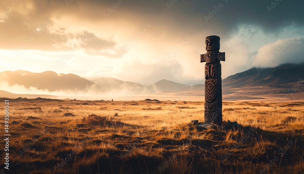 Obraz premium Ancient wooden carved totem statue standing tall in a golden grassy landscape under a dramatic sky.