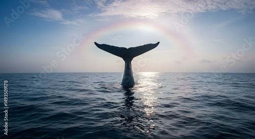Wallpaper Mural Whale tail emerging from the ocean under a bright sky with a rainbow halo effect Torontodigital.ca