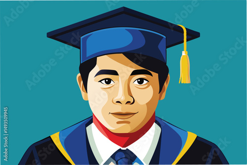 Vector illustration of a male graduate wearing a cap and gown with a proud expression against a blue background