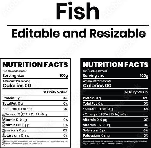 Nutrition Facts of Fish, Nutrition Level, Supplement Fact, Supplement Level Isolated on White and Black Background