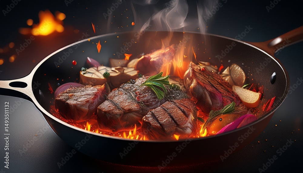 Fototapeta premium frying pan with meat