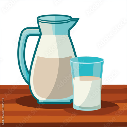  Glass of milk and jug on the table vector art illustration