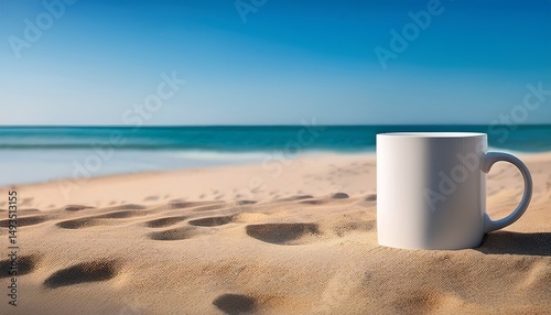 empty white blank mug with free copy space for text logo or presentation on the beach