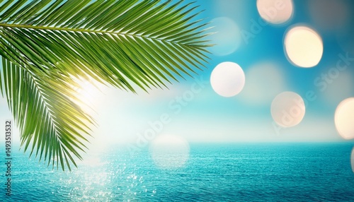 palm leaf with summer sea in the background bokeh light on sea text space