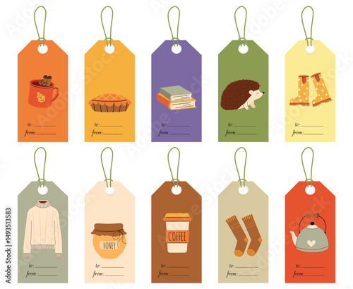 Vector Autumn big label tags set in hand-drawn style. Cozy fall doodle designs for decorating gifts, banners, postcards, and greeting cards. Autumn collection in warm flat style.