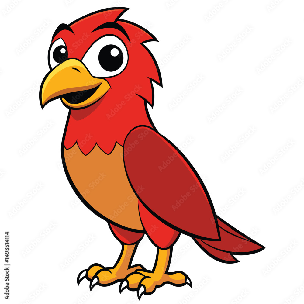 Naklejka premium A cheerful red cartoon bird displays vibrant plumage and engaging features on a white background