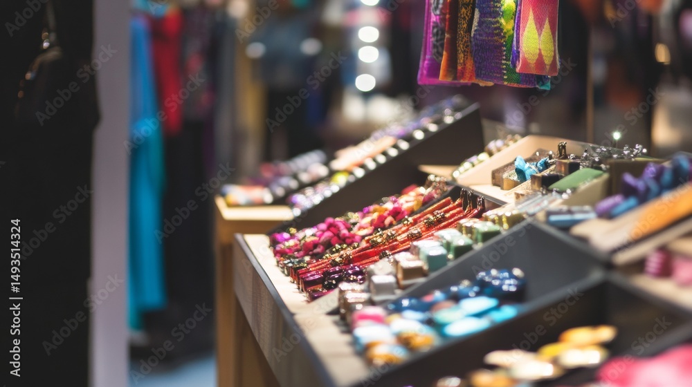 Fototapeta premium Colorful market jewelry stall with neon lights and ethnic accessories on evening vibrant street