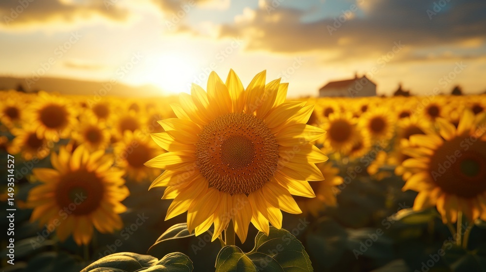 Fototapeta premium Sunflowers field at sunset