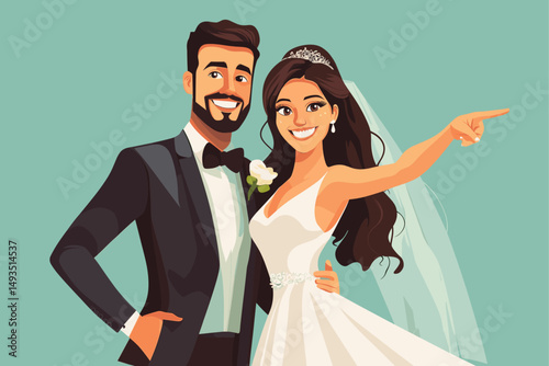Cartoon Style Happy Wedding Couple Illustration