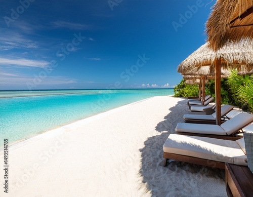 a tranquil pool area with lounge chairs lined up under thatched umbrellas overlooking a white sand beach and crystal clear water