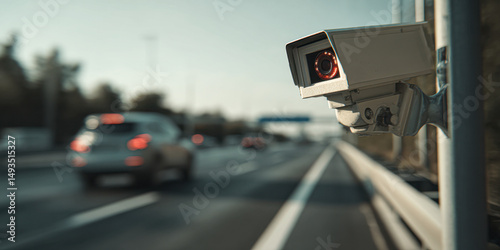 Wallpaper Mural A surveillance camera mounted on a metal pole monitors fast-moving traffic on a highway. Motion blur effect emphasizes vehicle speed and dynamic movement. Torontodigital.ca