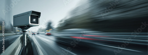 A surveillance camera mounted on a metal pole monitors fast-moving traffic on a highway. Motion blur effect emphasizes vehicle speed and dynamic movement. photo