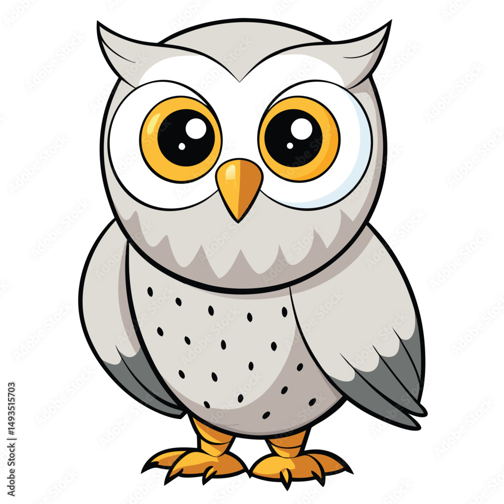 Fototapeta premium Cartoon owl with large yellow eyes and speckled belly is standing calmly
