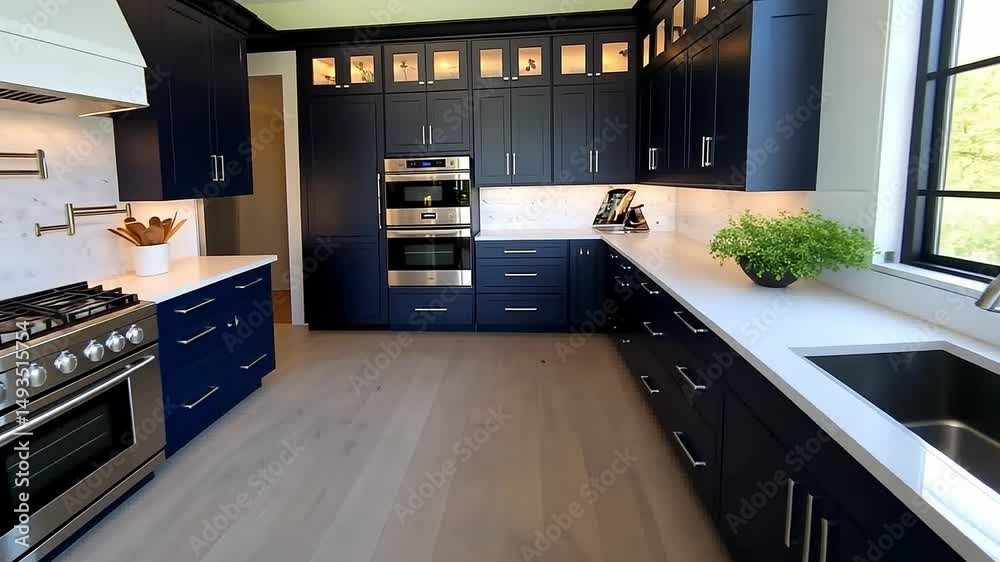 Modern Navy Blue Kitchen Design with Stainless Steel Appliances and Bright Natural Light