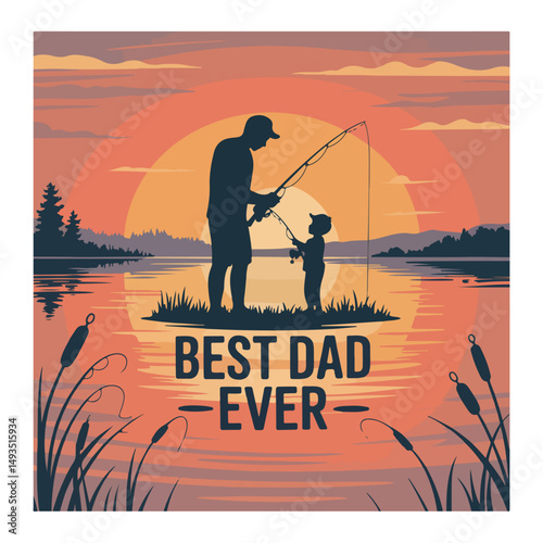 best dad.A lone fisherman enjoys the peaceful hobby of fishing with his rod on the tranquil lake at sunset, his silhouette reflecting on the calm water