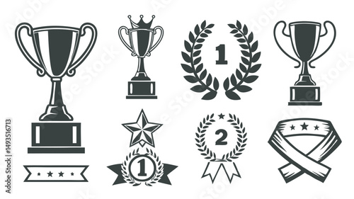 Set of gold and silver winner trophy cups, awards, and sport icons symbolizing success, achievement, and victory in competition