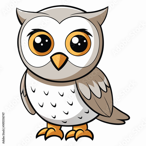 Cartoon owl with large orange eyes stands on its feet looking directly forward