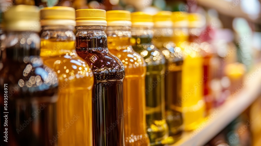 Bottles of cooking oil lined on supermarket shelf under warm indoor light with shallow focus Bottles of cooking oil lined on supermarket shelf under warm indoor light with shallow focus