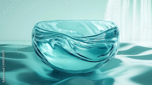 Blue glass bowl with water surface ripples on clean modern minimalist artistic product display