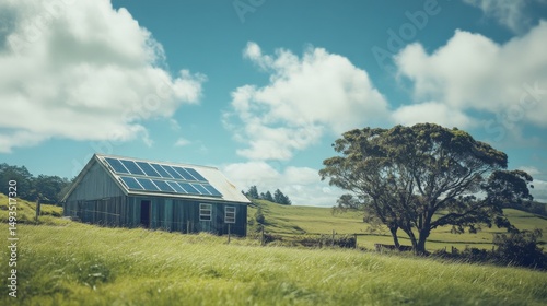 Solar-paneled farmhouse in a lush green field under a bright blue sky with fluffy clouds