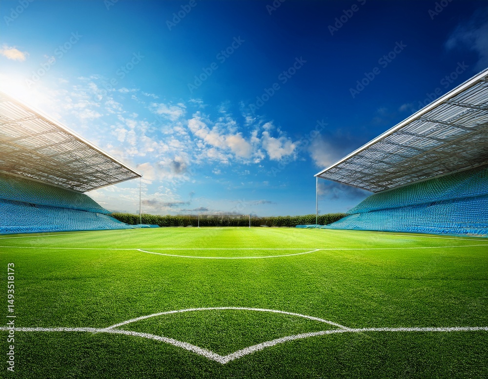 Fototapeta premium a vibrant soccer stadium field under a bright blue sky with fresh green turf concept of sports excellence game preparation and professional competition