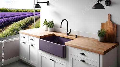 French country inspired kitchen with views of a lavender field photo