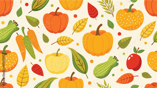 Autumn Harvest Pattern with Pumpkins Corn and Apples on White.