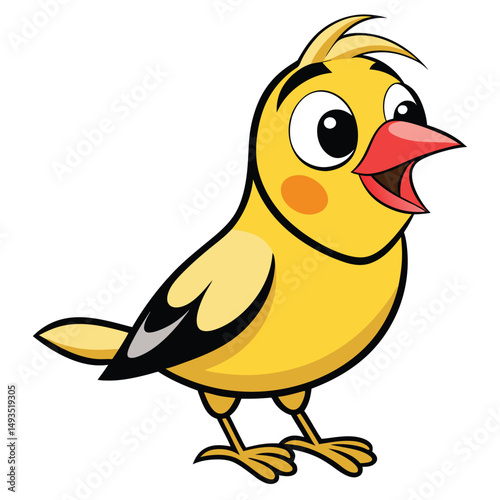 Cheerful canary with an open beak is standing with both legs in a vector