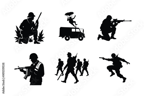 Silhouettes of Armed Soldiers in Combat and Tactical Poses – Military Vector Set