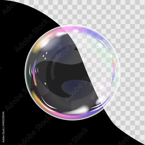 Soap bubble color spectrum on transparent background. Realistic air bubble 3D graphics glare and transparency effect. Vector illustration.