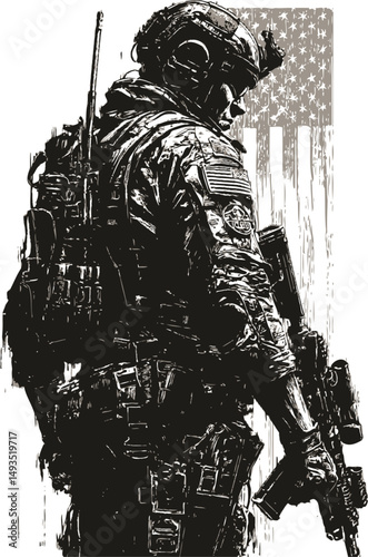 Modern Soldier Silhouette Against American Flag Background, Military Art Illustration in Grayscale, Strong Patriotic Concept