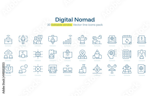 Digital Nomad line icon pack. Digital Nomad Stroke icon set. Editable Stroke icon