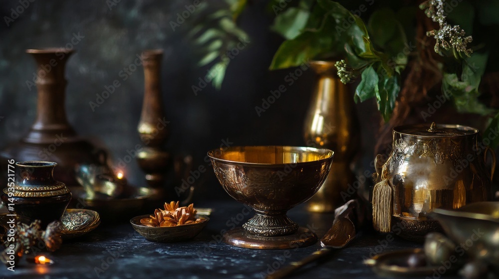 Fototapeta premium Antique gold vases and dishes in moody warm light with traditional heritage decor style